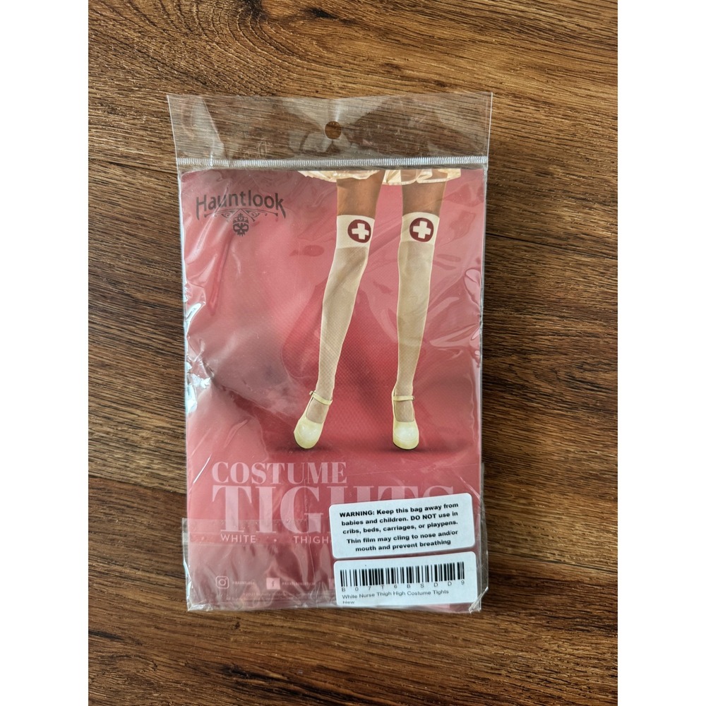 Hauntlook White Nurse Thigh High Costume Tights Red Cross Halloween Accessory